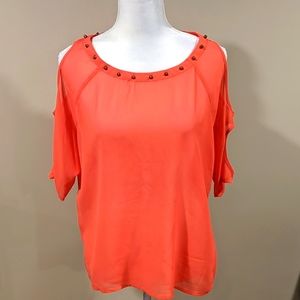 BKE Red Cold Shoulder Sheer Top